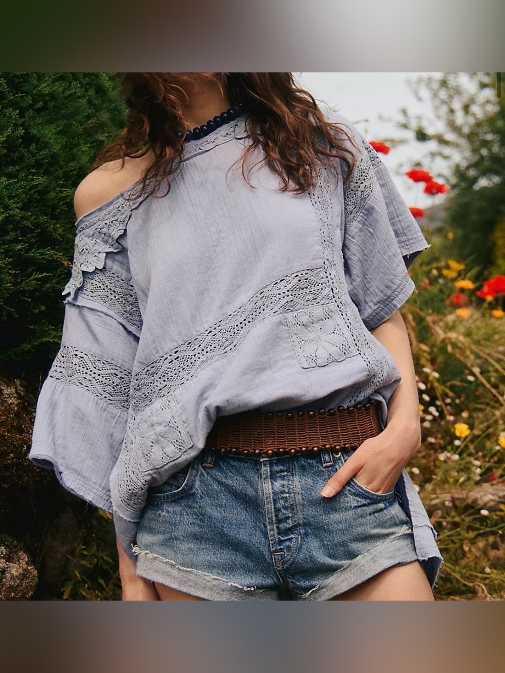 We the Free Rustic  Romance Boho Short Sleeve Lace Top in Dusty Blue Oversized M - Picture 4 of 15